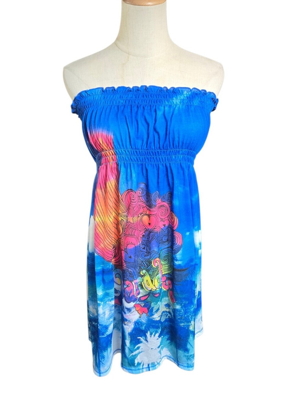 OP Ocean Pacific Y2K Blue Strapless Tropical Print Sundress Beach Cover